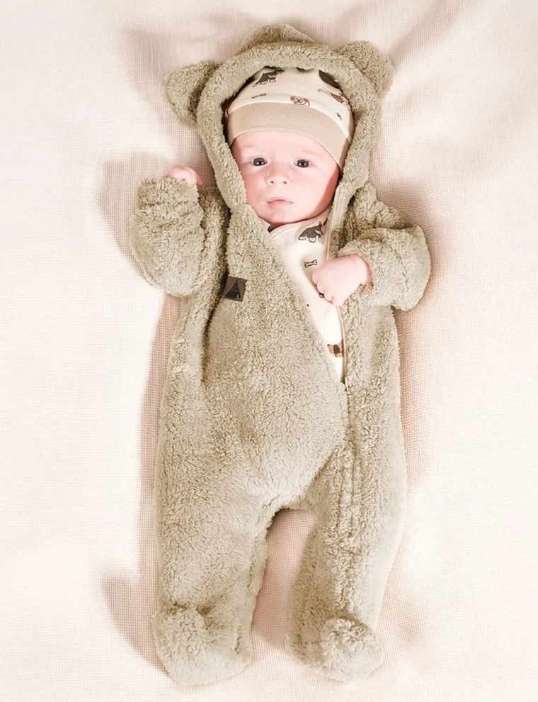 Kombinezon przejściowy chłopięcy z kapturem, ocieplany, beżowy, Nicol