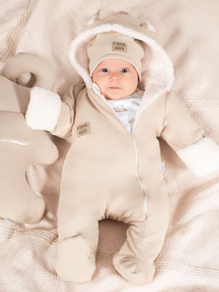 Kombinezon przejściowy chłopięcy z kapturem, ocieplany, beżowy, Nicol