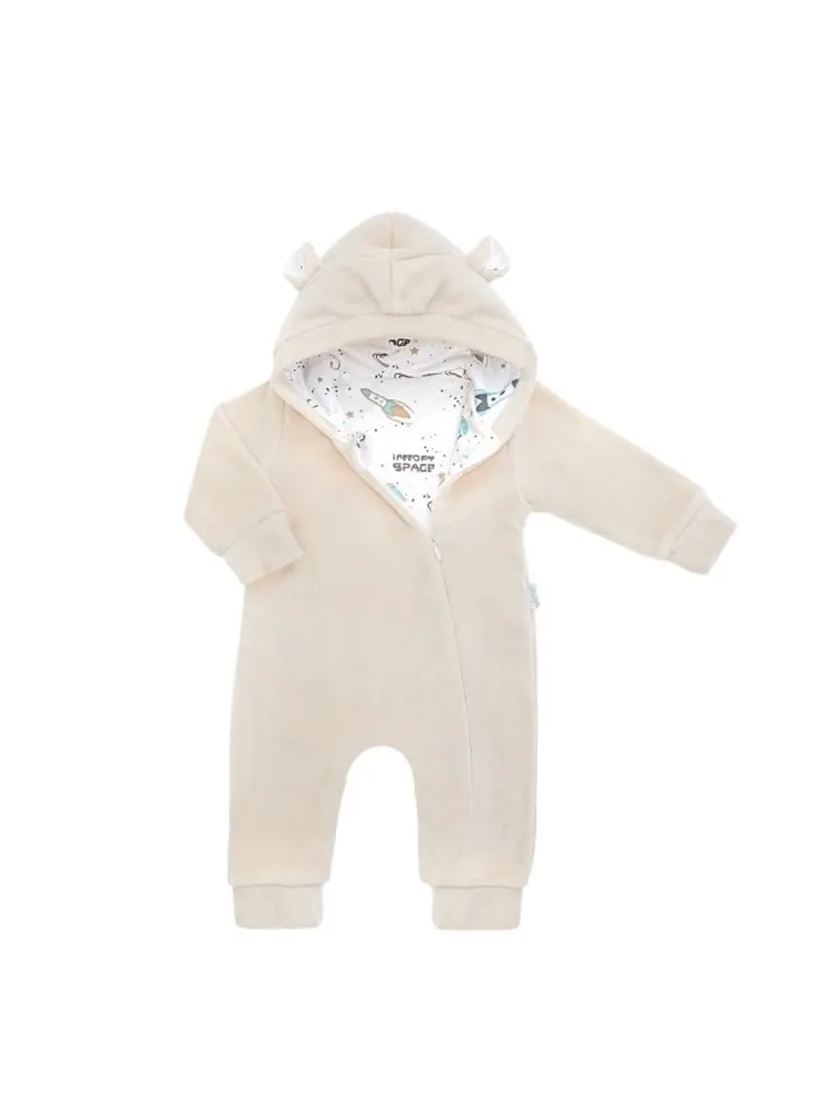 Kombinezon przejściowy chłopięcy z kapturem, ocieplany, welurowy, beżowy, Nicol