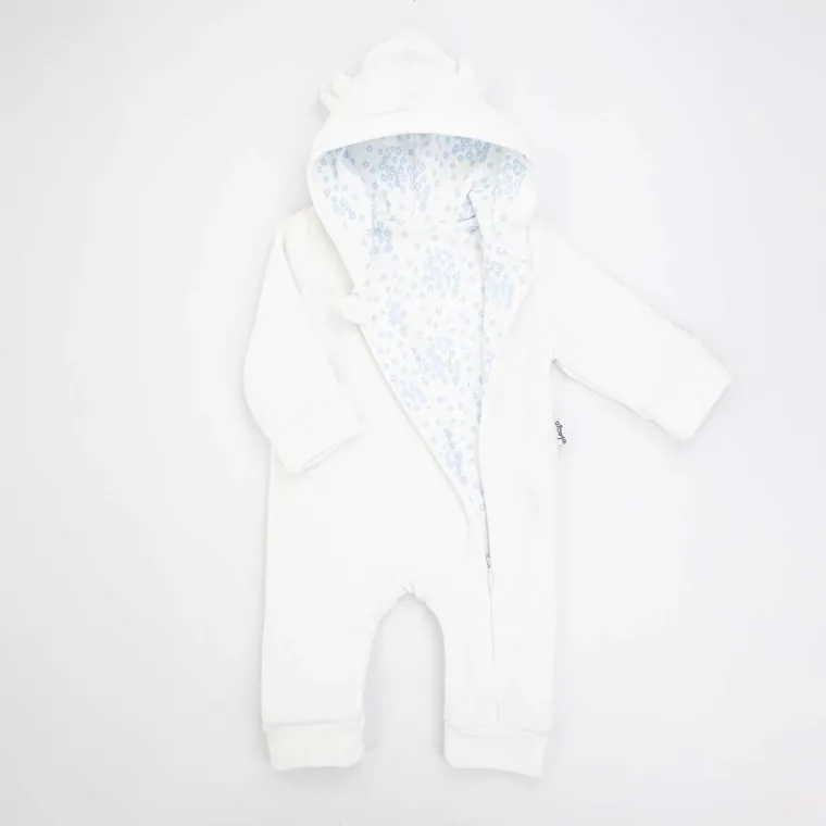 Kombinezon przejściowy dziewczęcy z kapturem, welurowy, biały, Nicol