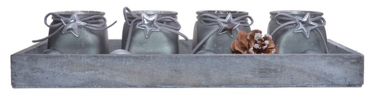 Komplet 4 świeczników na podstawie z ozdobami, srebrny, 32-12-7 cm