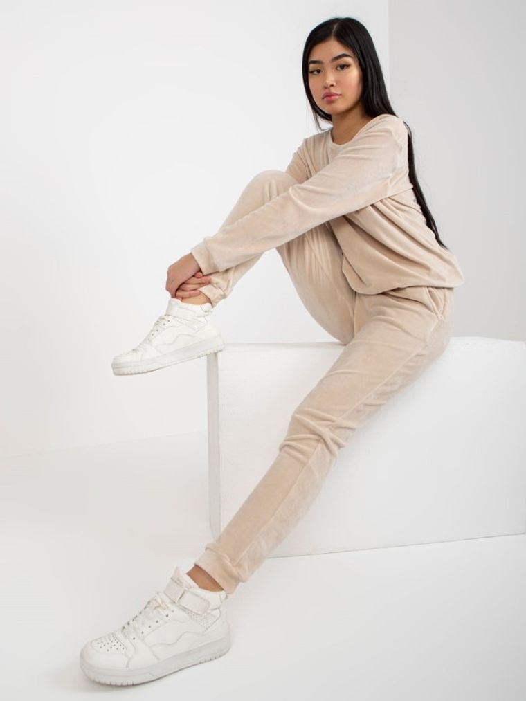 Komplet damski, Bluza, Spodnie, welurowy, beżowy, Rue Paris