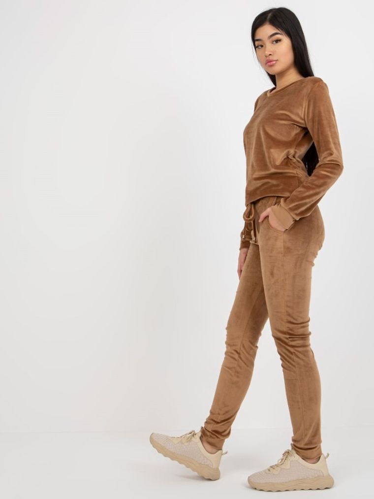 Komplet damski, Bluza, Spodnie, welurowy, beżowy, Rue Paris