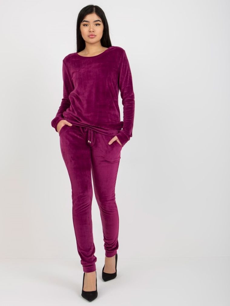 Komplet damski, Bluza, Spodnie, welurowy, fioletowy, Rue Paris