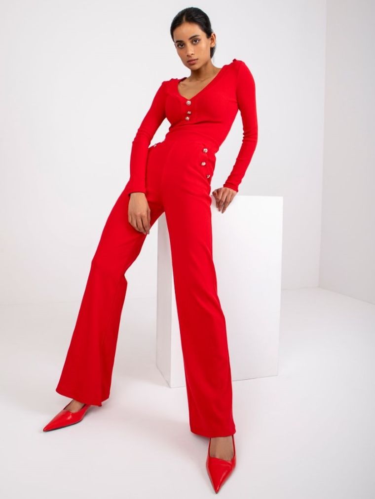 Komplet damski, Bluzka, Spodnie, prążkowany, czerwony, Rue Paris