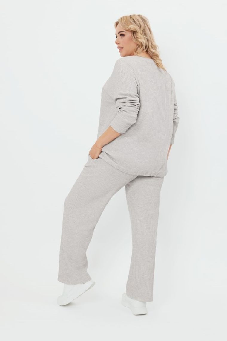 Komplet damski, Bluzka z długim rękawem, Spodnie dresowe, plus size, szary, Avira, Italian Fashion