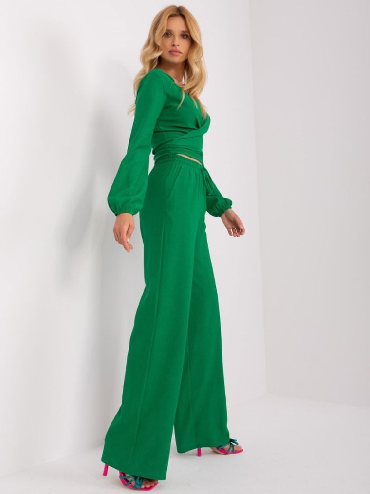 Komplet damski, Bluzka z długim rękawem, Spodnie materiałowe, zielony, Lakerta