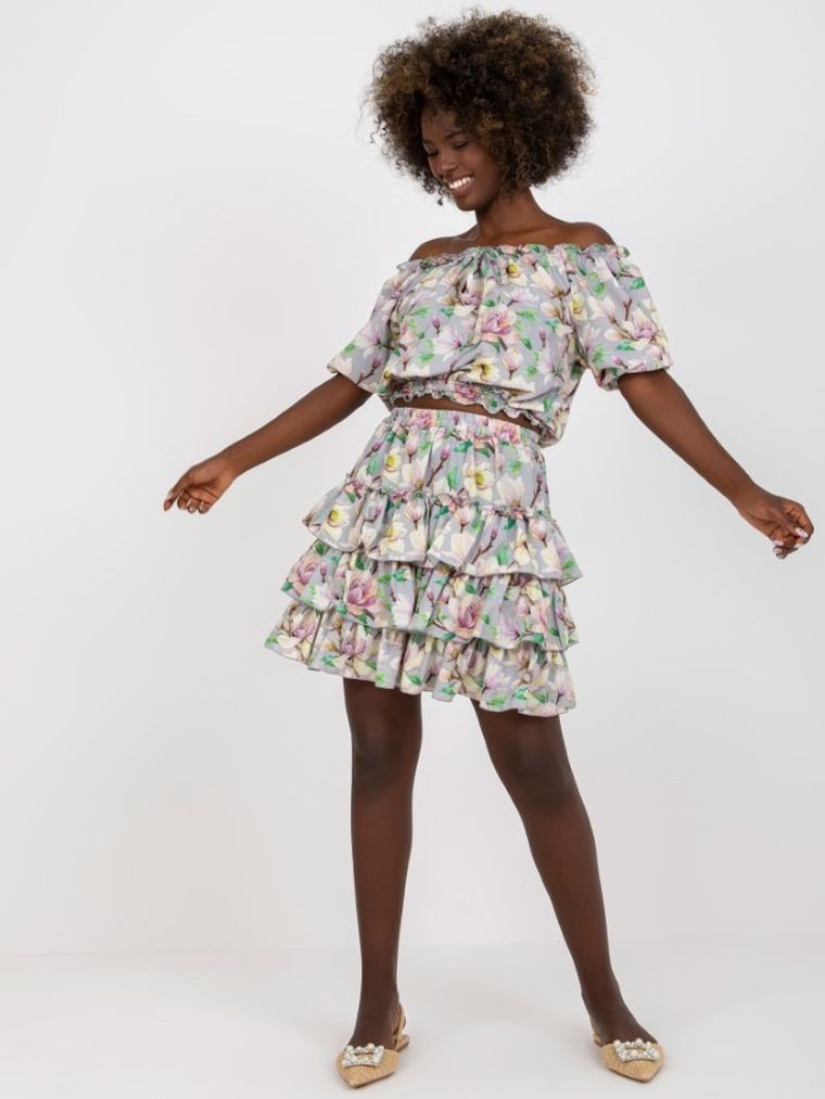 Komplet damski, Bluzka z krótkim rękawem, Spódnica, żółty, Lakerta