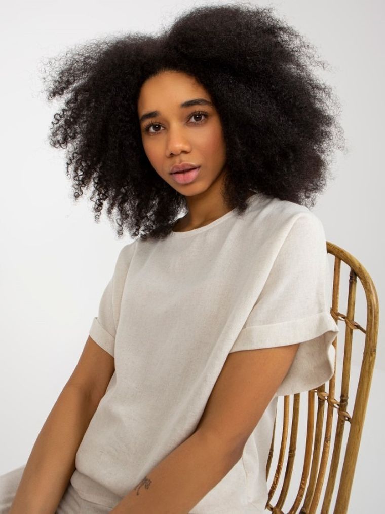 Komplet damski, Bluzka z krótkim rękawem, Spodnie, beżowy, Rue Paris