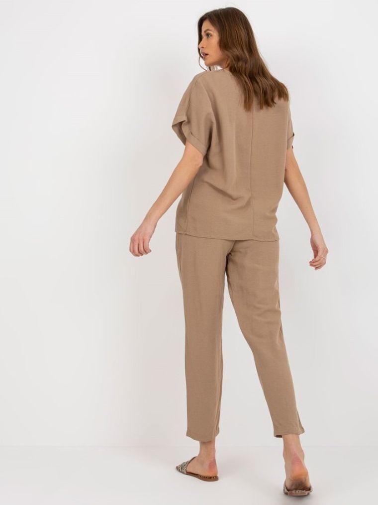 Komplet damski, Bluzka z krótkim rękawem, Spodnie, beżowy, Rue Paris