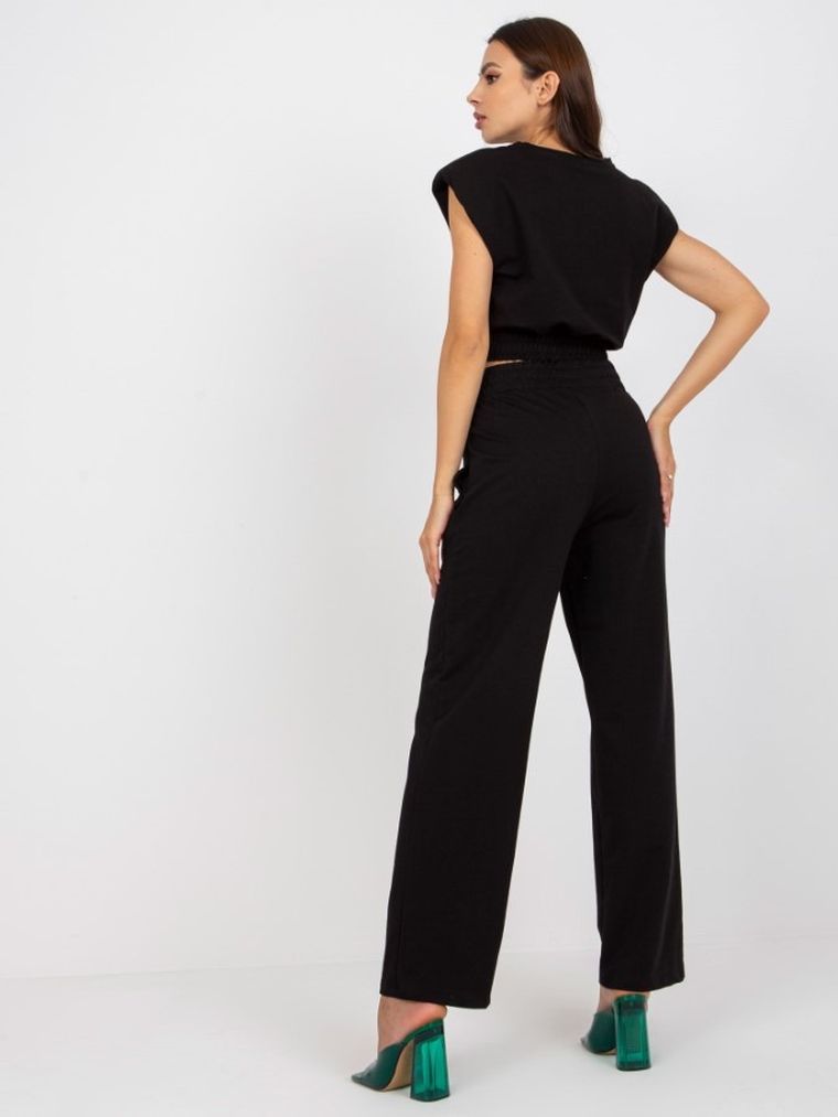 Komplet damski, Bluzka z krótkim rękawem, Spodnie, czarny, Rue Paris