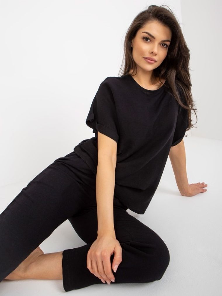 Komplet damski, Bluzka z krótkim rękawem, Spodnie, czarny, Rue Paris