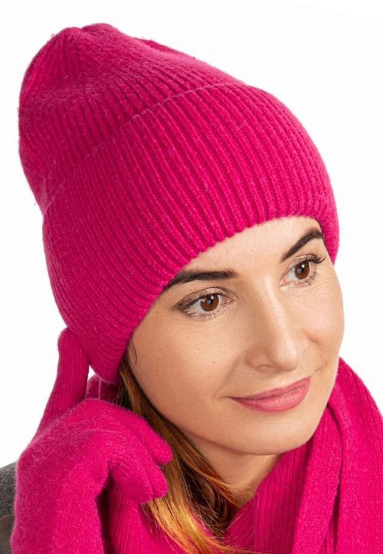 Komplet damski, Czapka, Szalik, Rękawiczki, różowy, Ambra