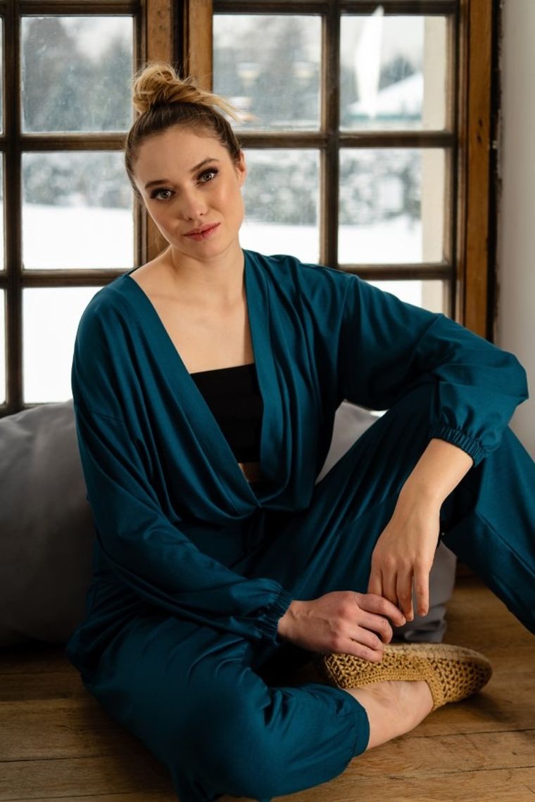 Komplet damski, Spodnie materiałowe, Bluzka z długim rękawem, turkusowy, Yoga, Miracle