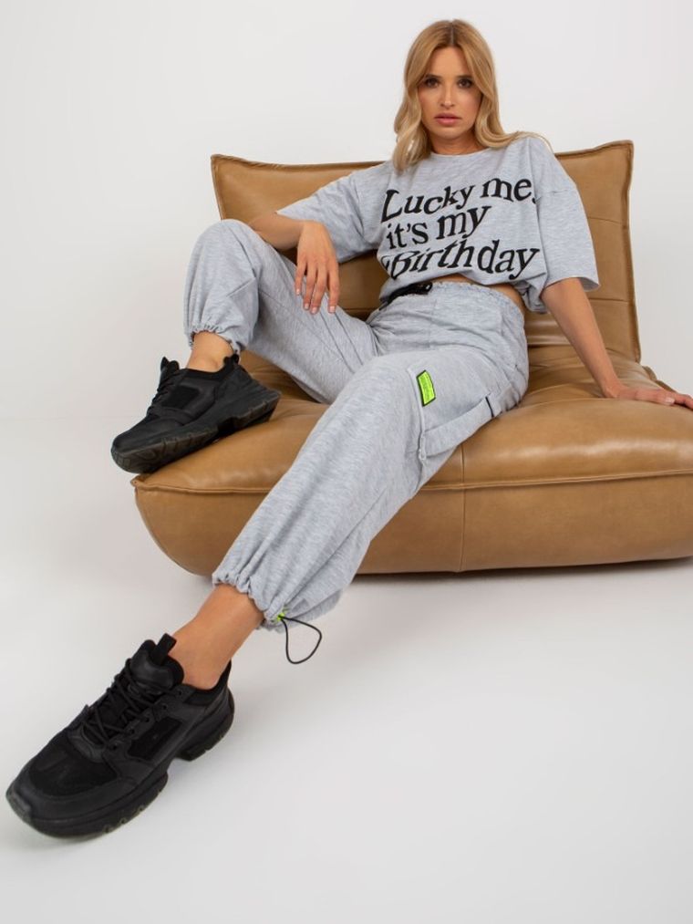 Komplet damski, T-shirt, Spodnie dresowe, szary, BADU