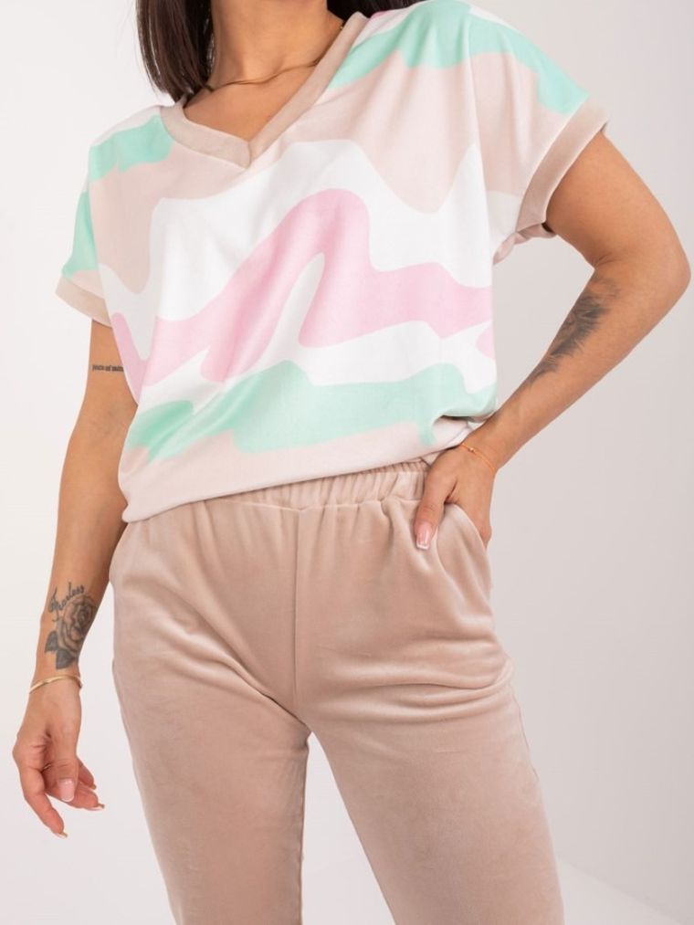 Komplet damski, T-shirt, Spodnie welurowe, mix, Rue Paris