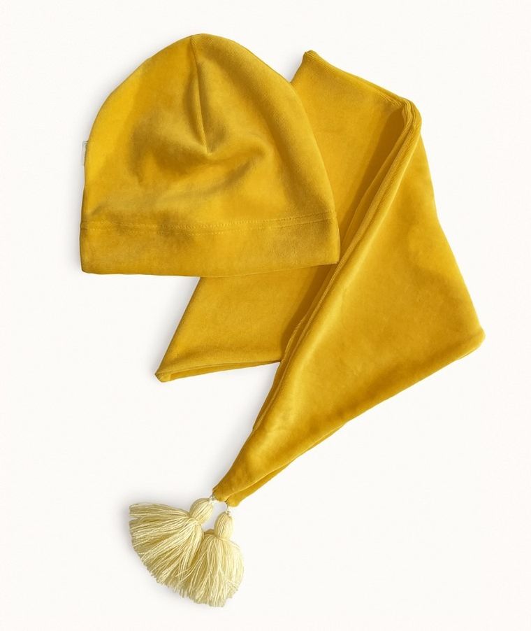 Komplet dziewczęcy, Czapka, Chustka, welurowy, żółty, Iltom