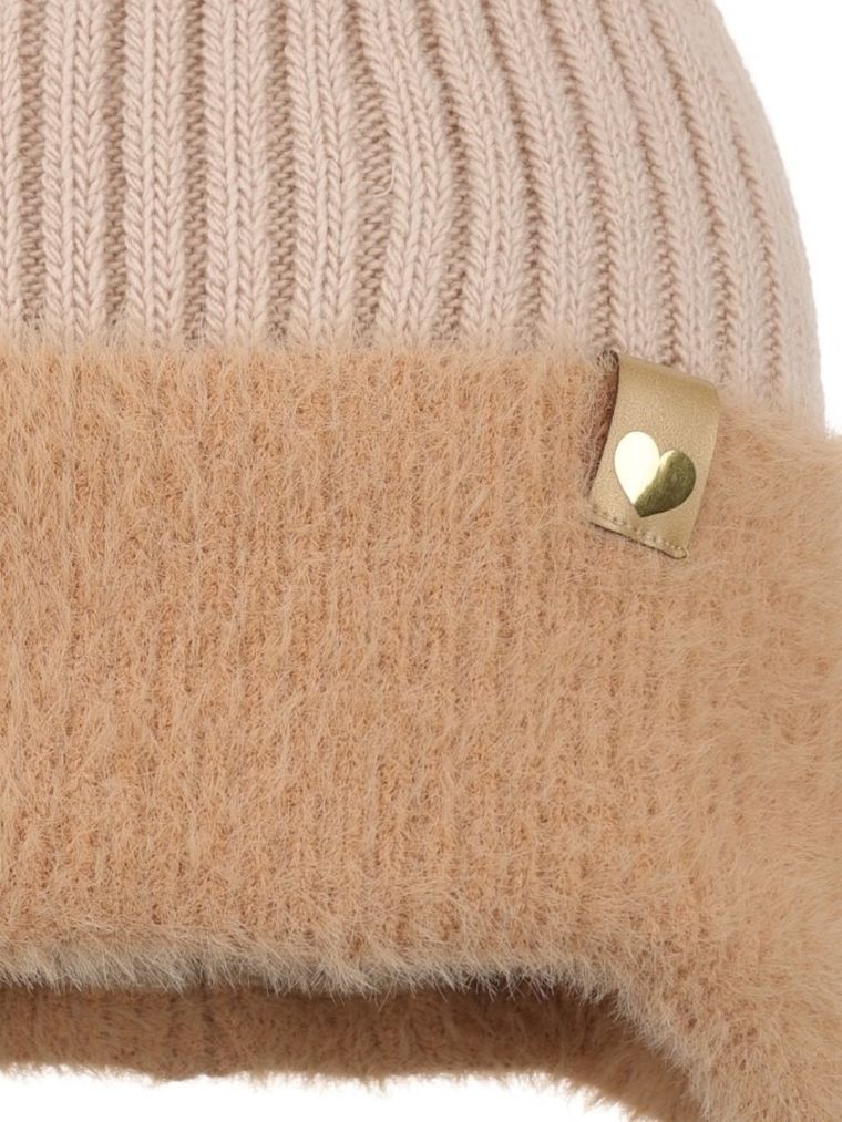 Komplet dziewczęcy, Czapka z pomponem, wiązana, Komin, beżowy, Ambra