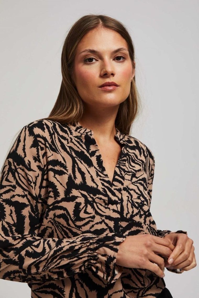 Koszula damska z długim rękawem, beżowa, Moodo