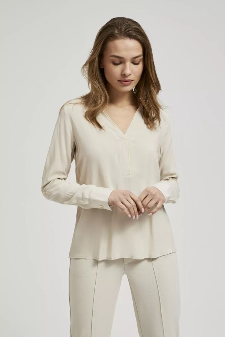 Koszula damska z długim rękawem, beżowa, Moodo