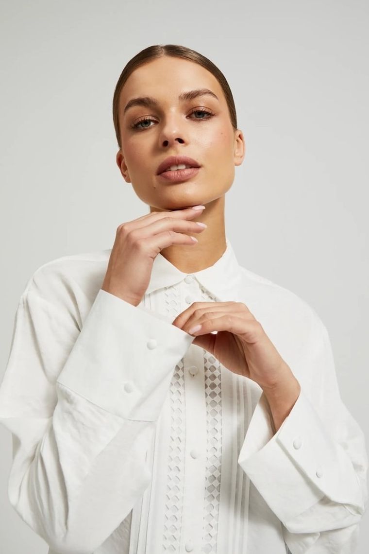 Koszula damska z długim rękawem, biała, Moodo