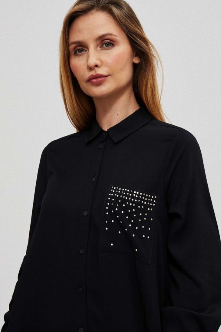 Koszula damska z długim rękawem, czarna, Moodo