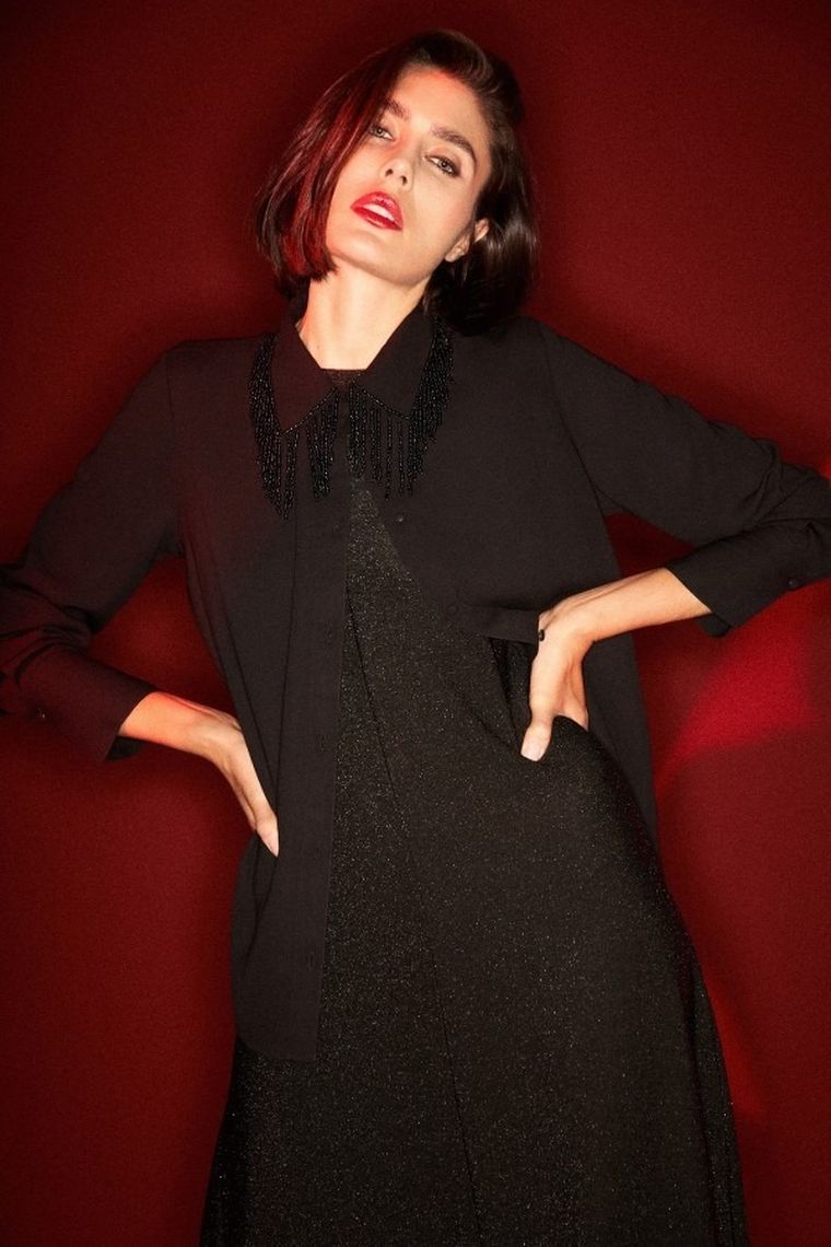 Koszula damska z długim rękawem, czarna, Moodo