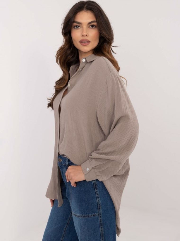 Koszula damska z długim rękawem, oversize, beżowa, Sublevel