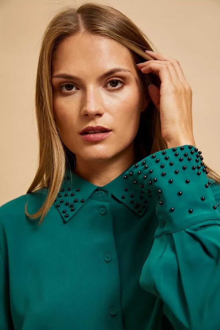 Koszula damska z długim rękawem, zielona, Moodo