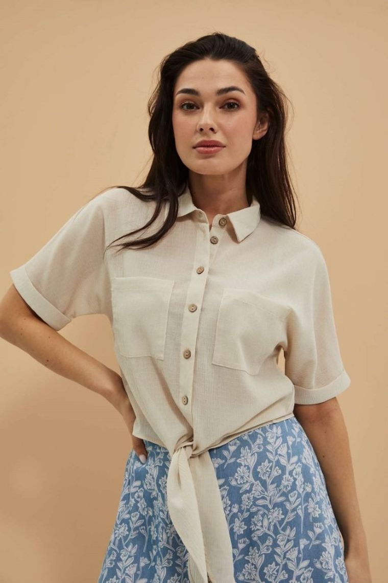 Koszula damska z krótkim rękawem, beżowa, Moodo