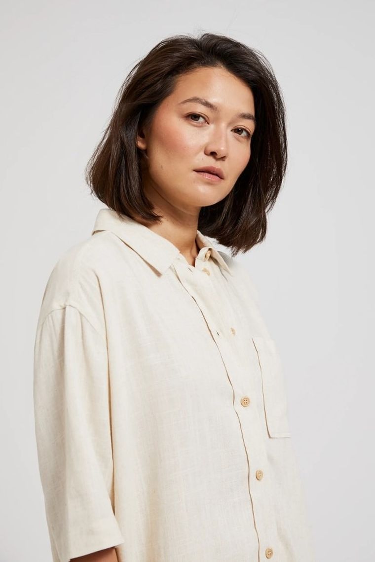 Koszula damska z krótkim rękawem, beżowa, Moodo