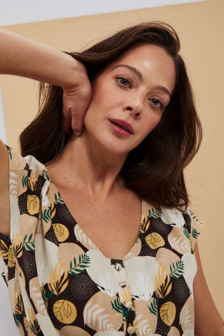 Koszula damska z krótkim rękawem, brązowa, Moodo