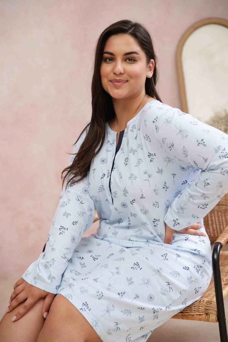 Koszula nocna damska z długim rękawem, niebieska, Gardenia, Taro