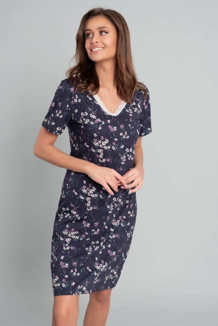 Koszula nocna damska z krótkim rękawem, granatowa, Evita, Italian Fashion