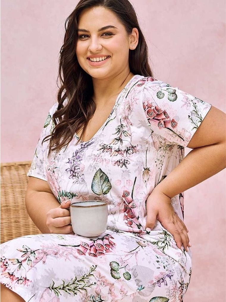 Koszula nocna damska z krótkim rękawem, plus size, biała, Taro