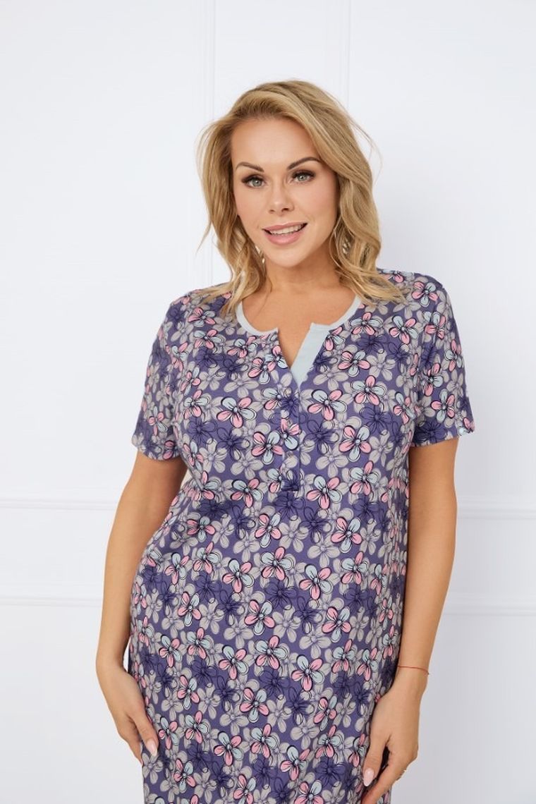 Koszula nocna damska z krótkim rękawem, plus size, fioletowa, Italian Fashion
