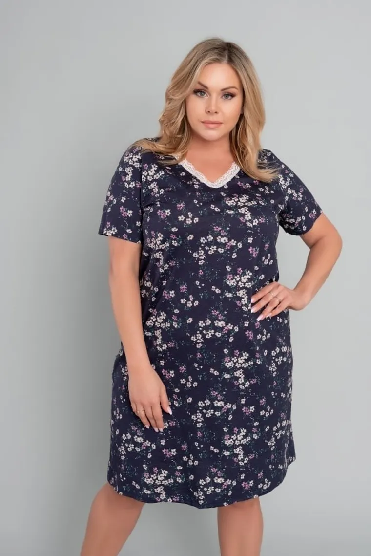 Koszula nocna damska z krótkim rękawem, plus size, granatowa, Evita, Italian Fashion