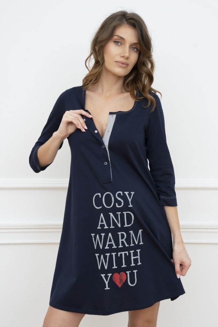 Koszula nocna damska z rękawem 3/4, granatowa, Balsam, Italian Fashion