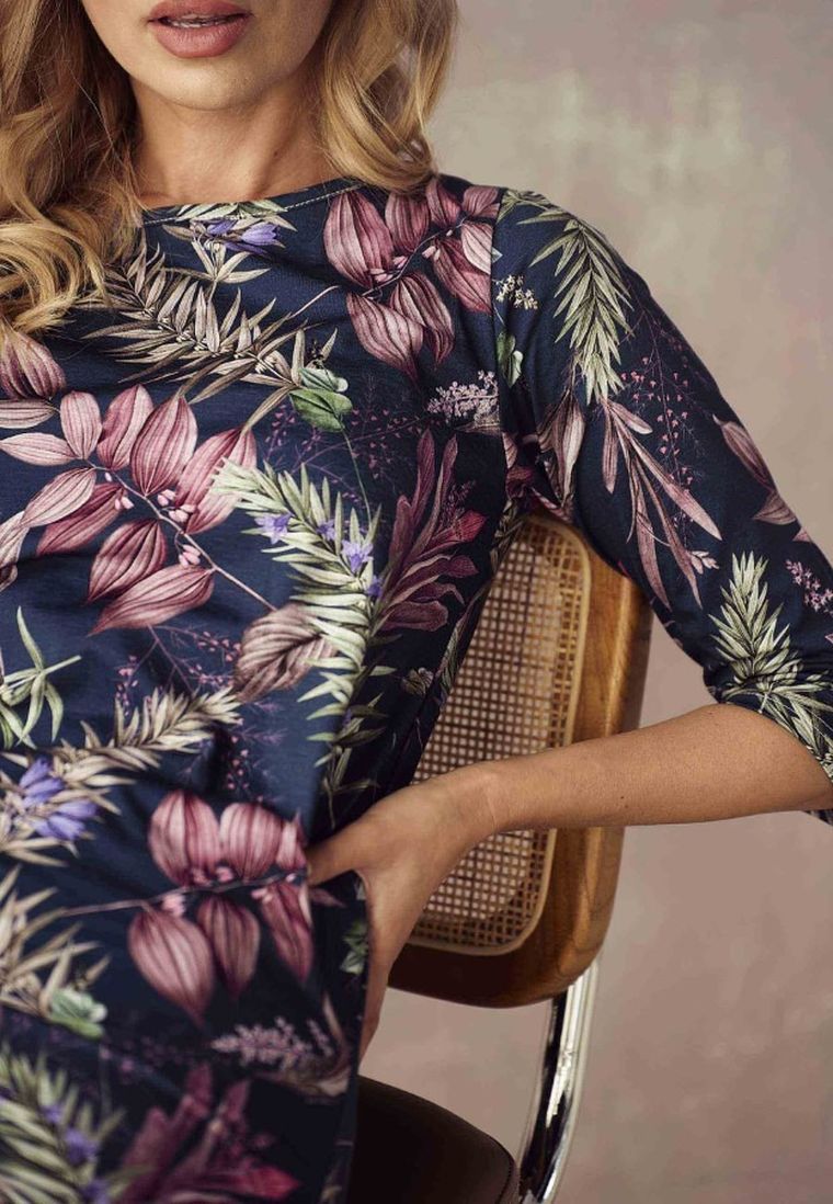 Koszula nocna damska z rękawem 3/4, granatowa, Vivian, Taro