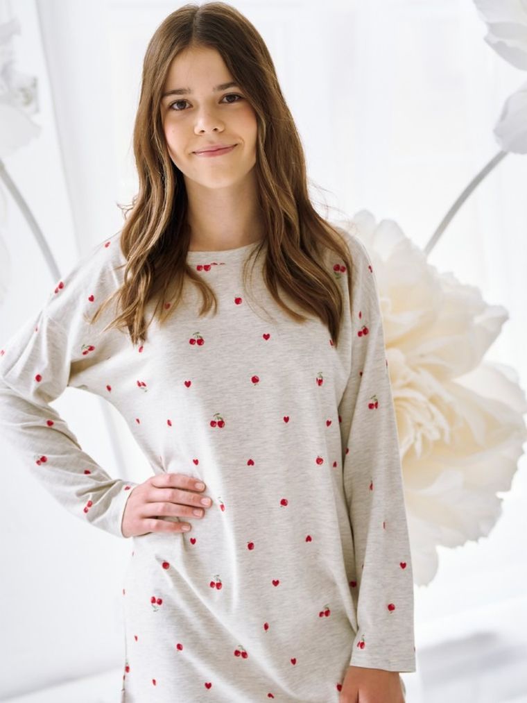 Koszula nocna dziewczęca z długim rękawem, szara, Astrid, Taro