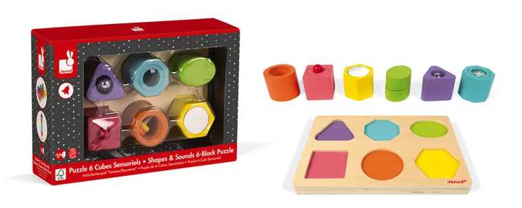 Kształty i dźwięki, puzzle sensoryczne drewniane