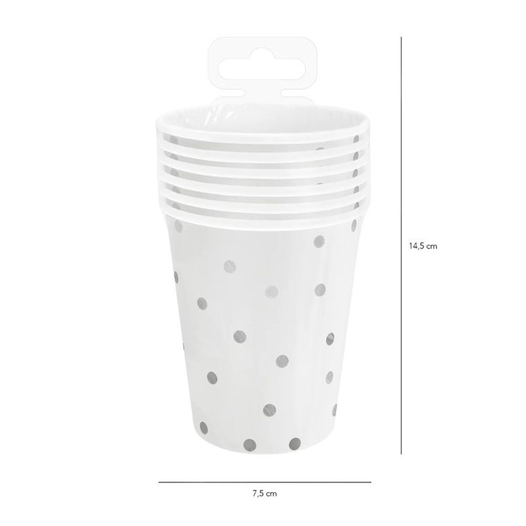 Kubeczki papierowe, białe, srebrne, kropki 6 szt., 220 ml
