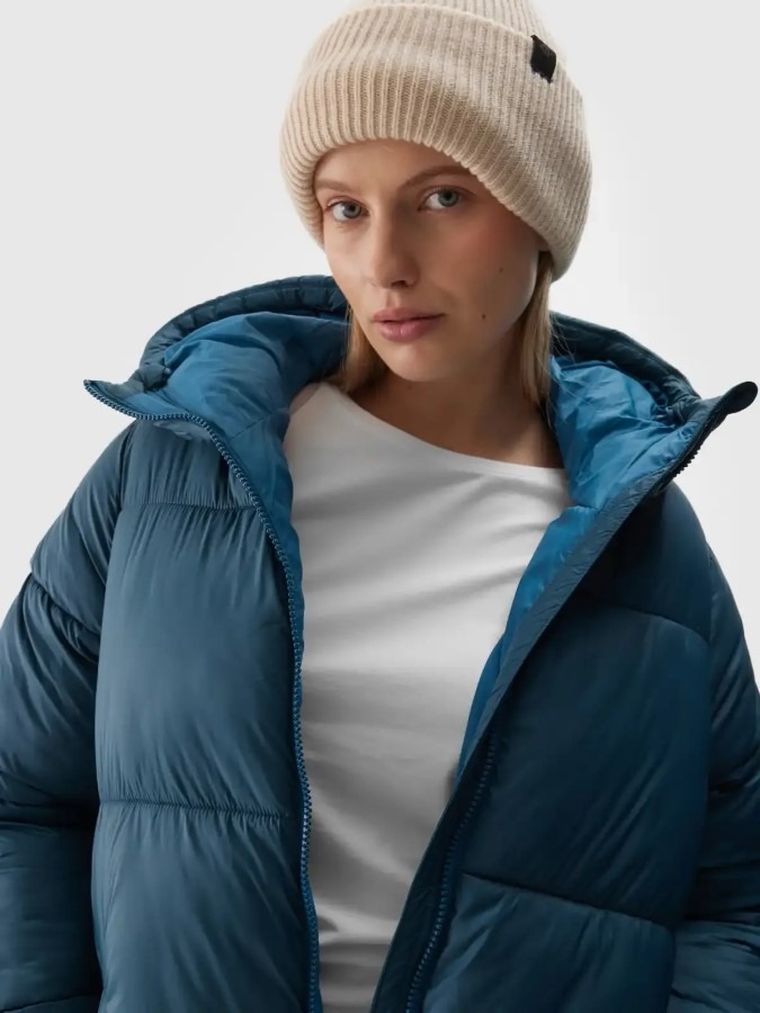 Kurtka damska z kapturem, ocieplana, niebieska, 4F