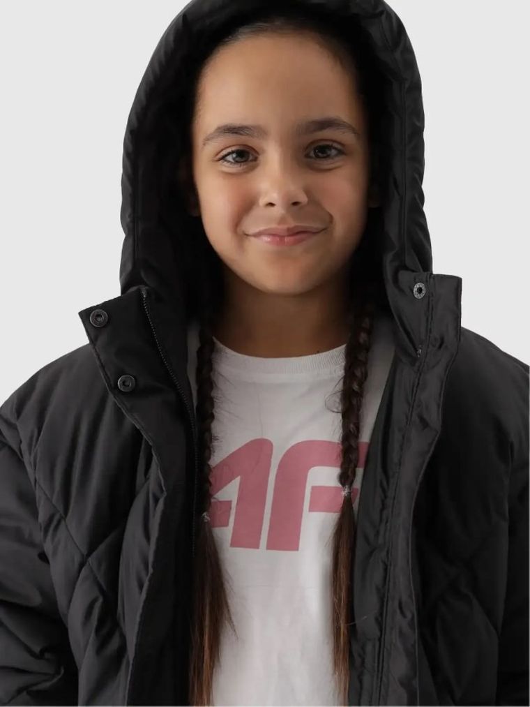 Kurtka dziewczęca z kapturem, czarna, 4F