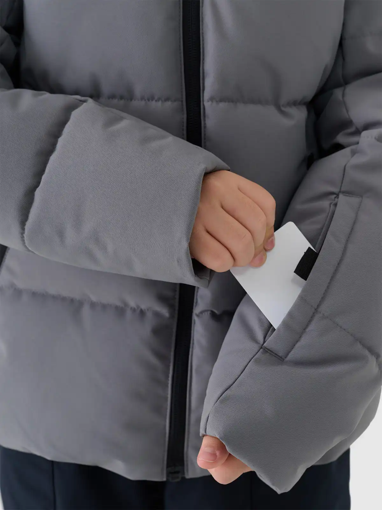 Kurtka narciarska chłopięca z kapturem, ocieplana, szara, 4F