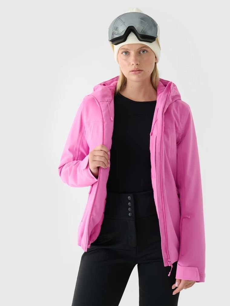 Kurtka narciarska damska z kapturem, ocieplana, różowa, 4F