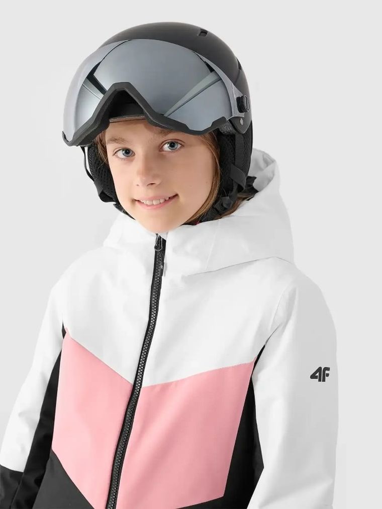 Kurtka narciarska dziewczęca z kapturem, ocieplana, mix, 4F