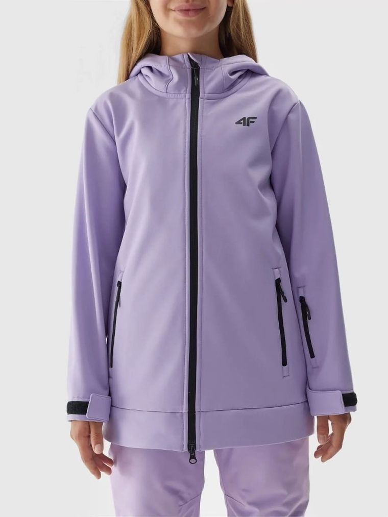 Kurtka softshell dziewczęca z kapturem, fioletowa, 4F