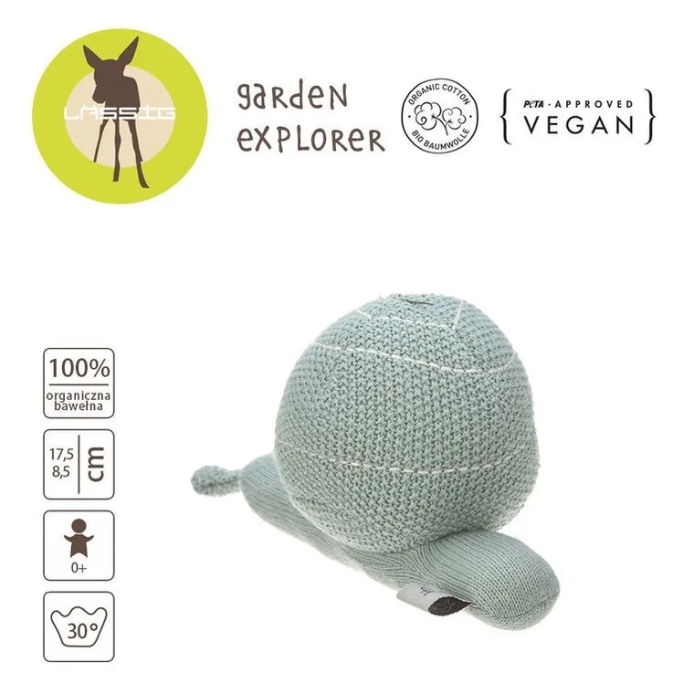 Lassig, Garden Explorer, dziergana przytulanka z grzechotką, ślimak szarozielony