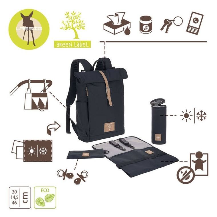 Lassig, Green Label, Rolltop Up Backpack, plecak dla mam z akcesoriami, Night Blue